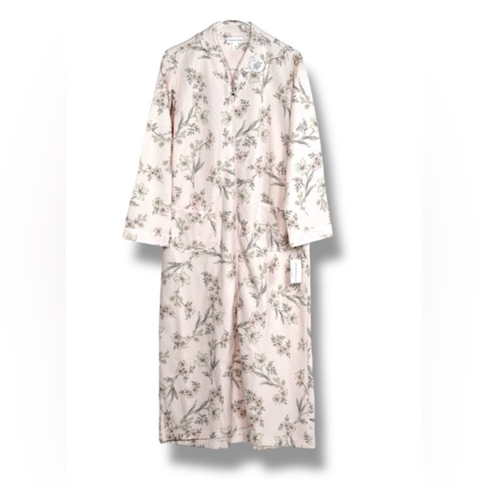 Miss Elaine Women’s Quilted Floral Print Long Zipper Robe, Pink/Gray